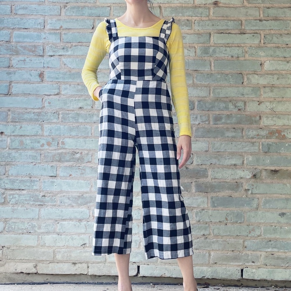 Dolls Kill Jumpsuit Gingham Plaid Black White Cropped Wide Leg Overalls